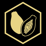 A gold and black icon of a banana and a piece of fruit.