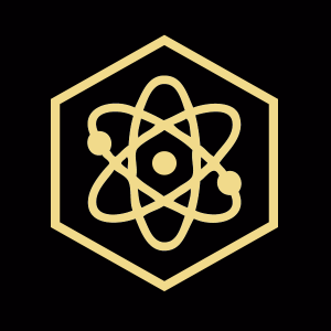 A gold colored logo of an atom in the middle of a hexagon.