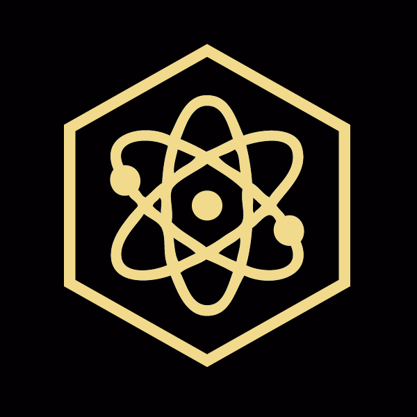 A gold colored logo of an atom in the middle of a hexagon.