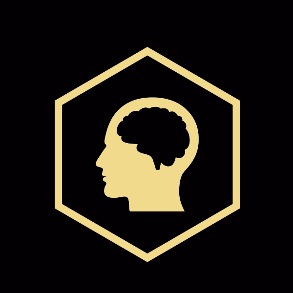 A gold colored icon of a person 's head.