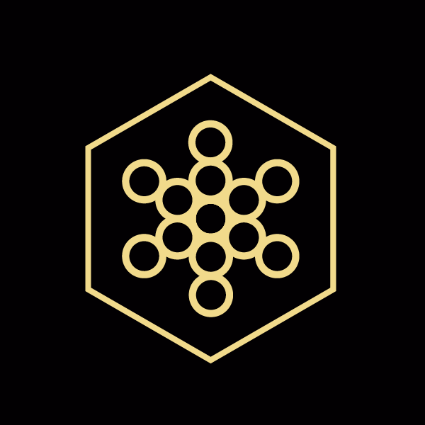 A gold hexagon with eight circles in it.