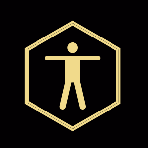 A gold colored icon of an individual in front of a black background.