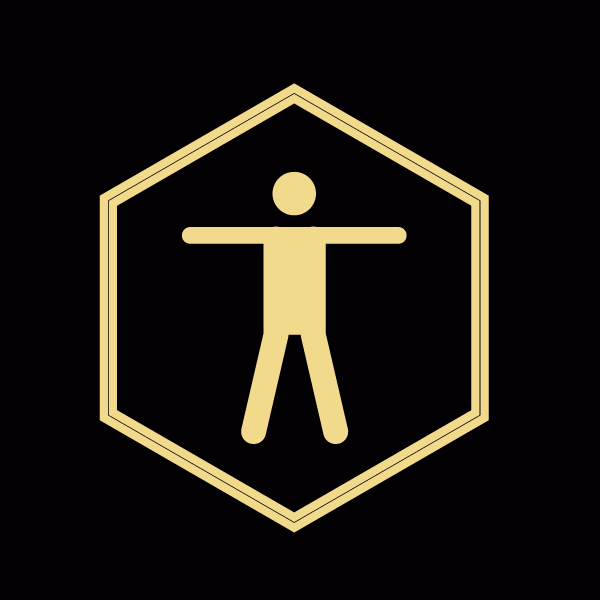 A gold colored icon of an individual in front of a black background.