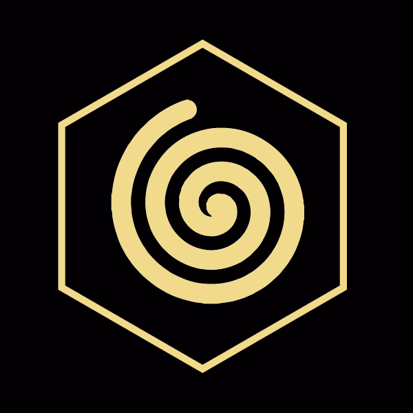 A gold spiral in the middle of a hexagon.