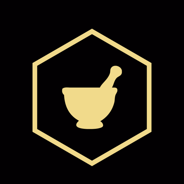 A gold colored mortar and pestle in a hexagonal shape.