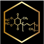 A gold colored hexagonal with the chemical structure of caffeine.