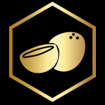 A gold colored icon of an orange and a bowl.