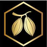 A gold colored logo of two leaves on top of a black background.