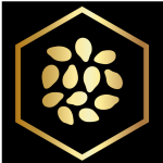 A gold hexagonal logo with a bunch of nuts in it