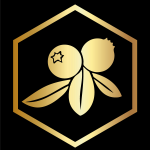 A gold hexagonal logo with some berries on it