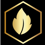 A gold colored logo of a leaf in the middle of a hexagon.