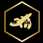 A gold hexagon with a pair of shoes on it.