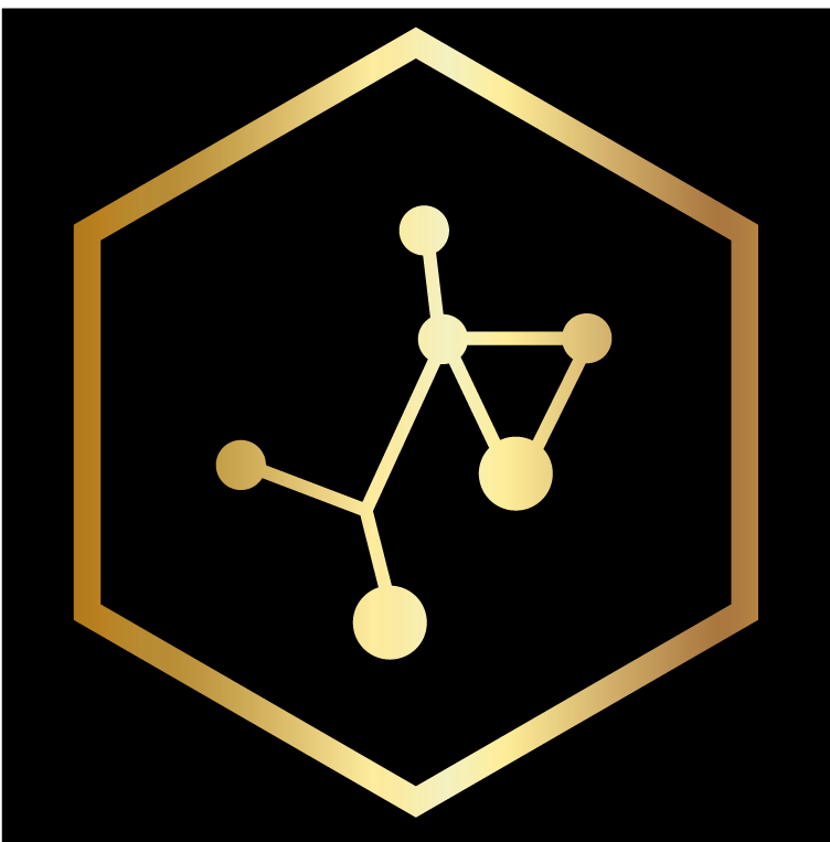 A gold hexagonal with a star and the constellation of libra.