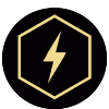A black and gold icon with an electric symbol.