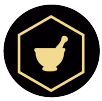 A black and gold icon with a mortar and pestle.