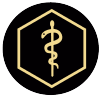 A gold and black logo of a medical symbol.