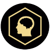 A black and gold logo with an image of a person 's head.