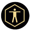 A gold colored icon of an individual in front of a black background.