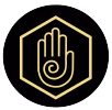 A gold hand with spiral in the middle of it.